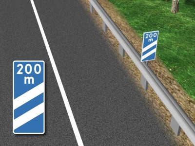 Znak „tablica wskaźnikowa na autostradzie umieszczana w odległości 200 m przed pasem wyłączania”
