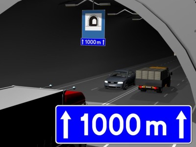 Tabliczka wskazująca długość tunelu lub odcinek drogi do końca tunelu